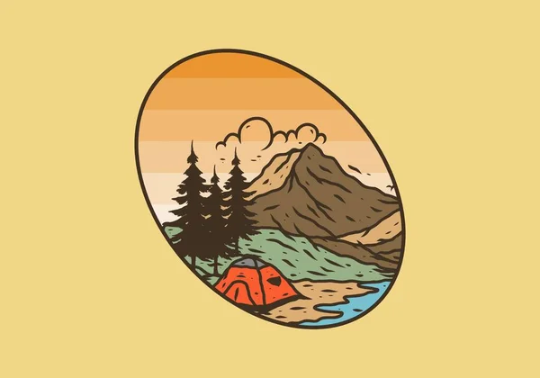 Línea Arte Ilustración Dibujo Montaña Lago Camping Diseño — Vector de stock