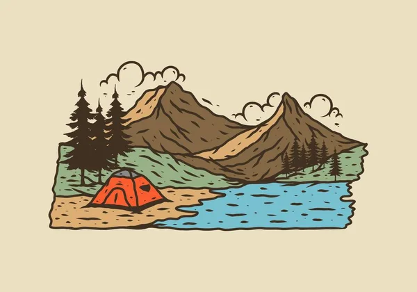 Linie Artă Ilustrare Desen Munte Lac Camping Design — Vector de stoc