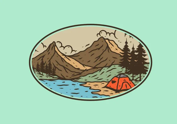 Illustration Art Ligne Dessin Conception Camping Lac Montagne — Image vectorielle