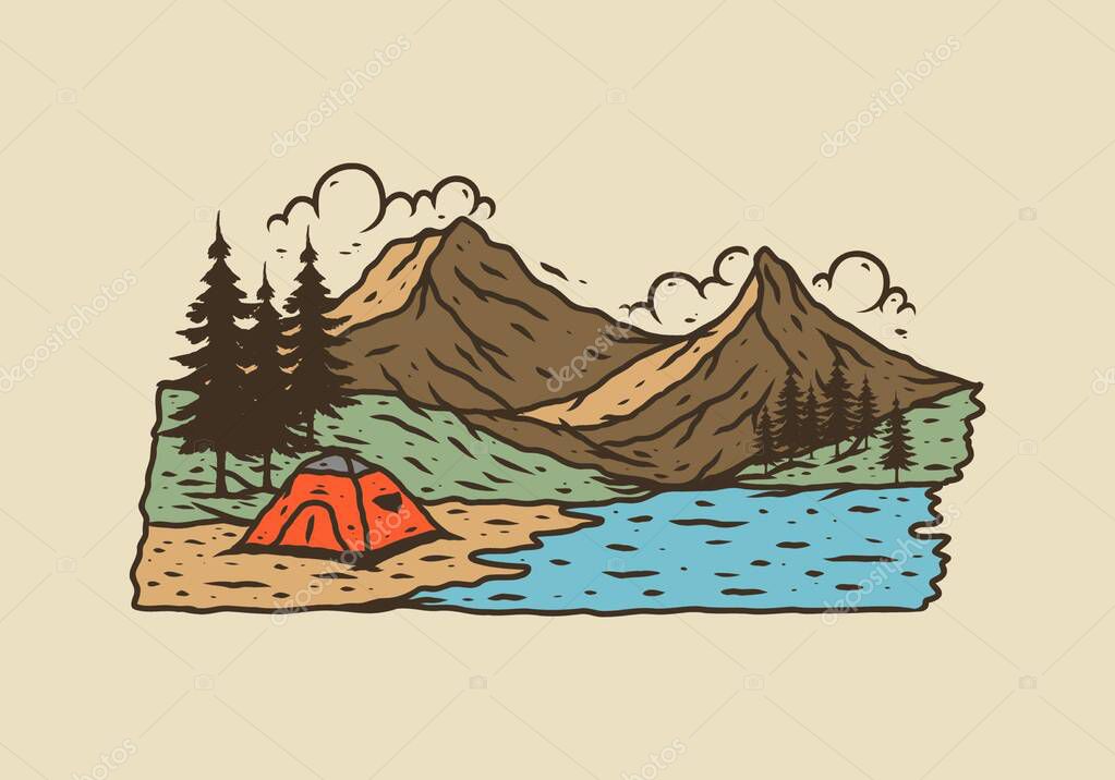 Line art illustration drawing of mountain lake camping design