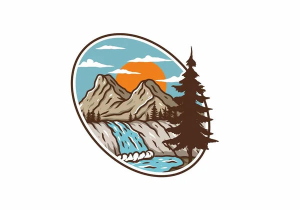 Ilustración Dibujo Diseño Montaña Cascada — Archivo Imágenes Vectoriales