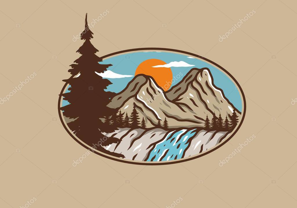 Illustration drawing of mountain and waterfall design