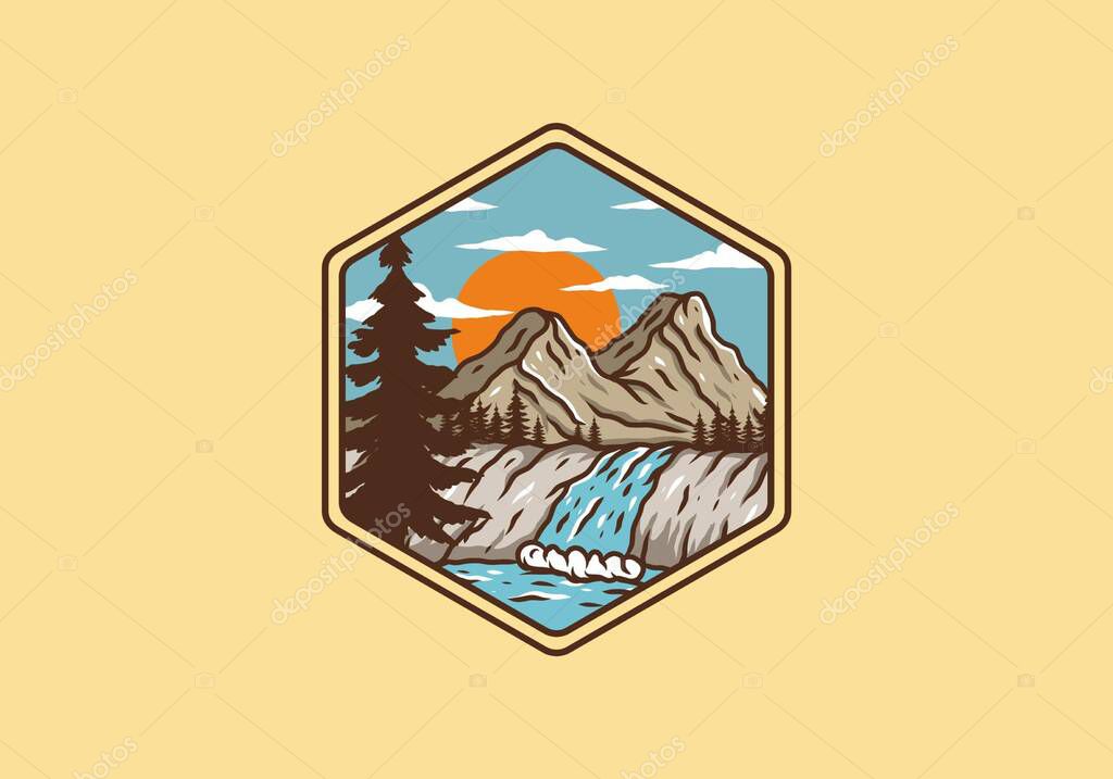 Illustration drawing of mountain and waterfall design