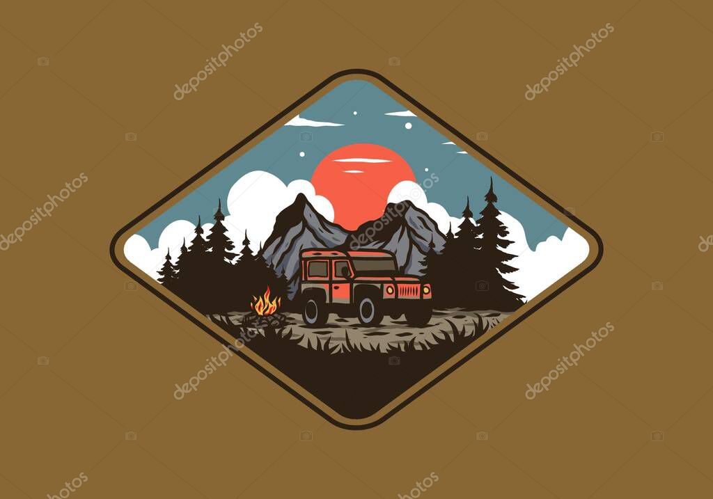 Overlanding car badge illustration drawing design