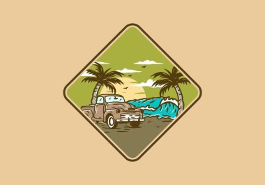 Plaj illüstrasyonundaki araba tasarımı