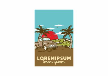 Plaj illüstrasyonundaki araba tasarımı