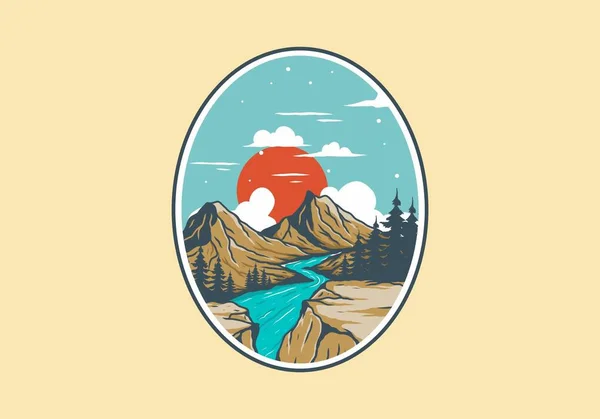 山の崖のイラストデザインの間の川 — ストックベクタ