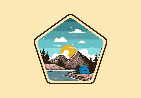 Bergmeer Camping Illustratie Tekening Ontwerp — Stockvector