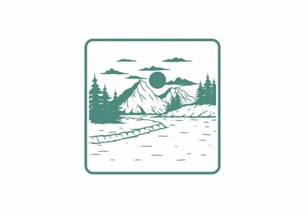 Mountain Lake Camping Illustration Drawing Design — Stock Vector