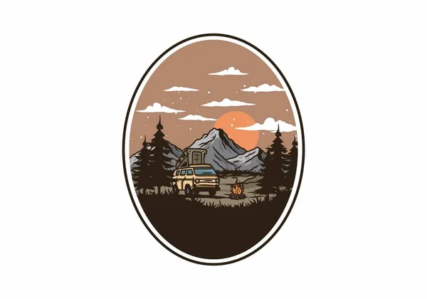 Noche Montaña Autocaravana Van Ilustración Dibujo Diseño — Vector de stock