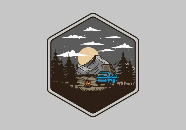 Noche Montaña Autocaravana Van Ilustración Dibujo Diseño — Vector de stock