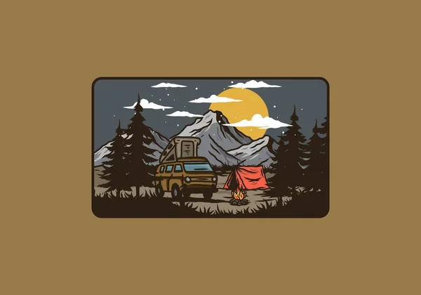 Noche Montaña Autocaravana Van Ilustración Dibujo Diseño — Vector de stock