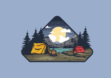 Göl çiziminin yanında kamp ateşi yakmak.