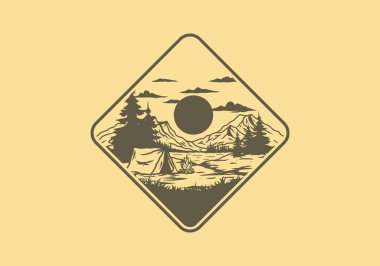 Göl çiziminin yanında kamp ateşi yakmak.