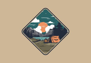 Göl çiziminin yanında kamp ateşi yakmak.