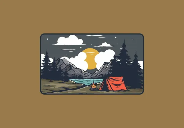Camping Foc Tabără Design Ilustrație Lac — Vector de stoc