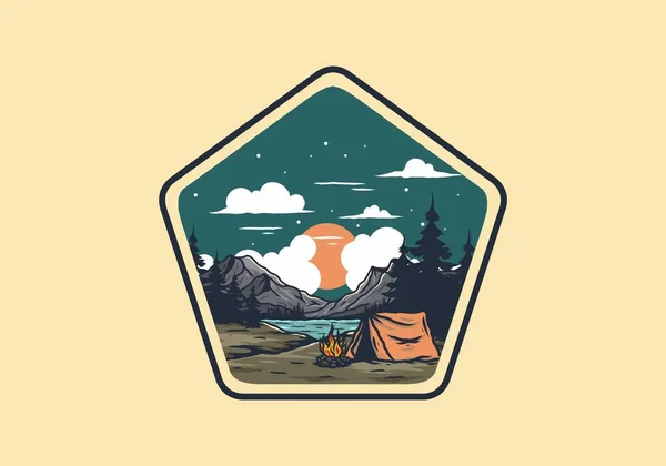湖のイラストデザインでたき火でキャンプ — ストックベクタ
