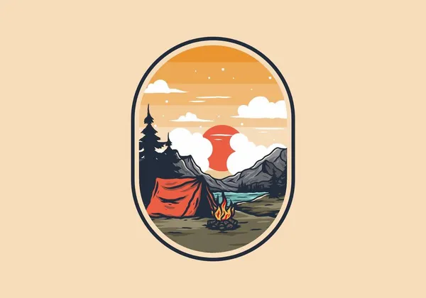 Camping Avec Feu Joie Bord Lac Illustration Design — Image vectorielle