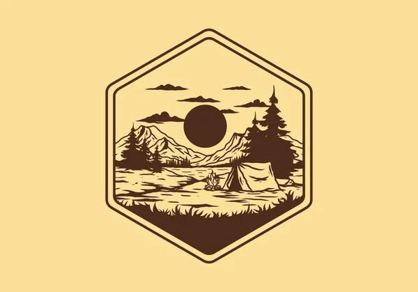 Camping Con Una Hoguera Junto Lago Diseño Ilustración — Vector de stock