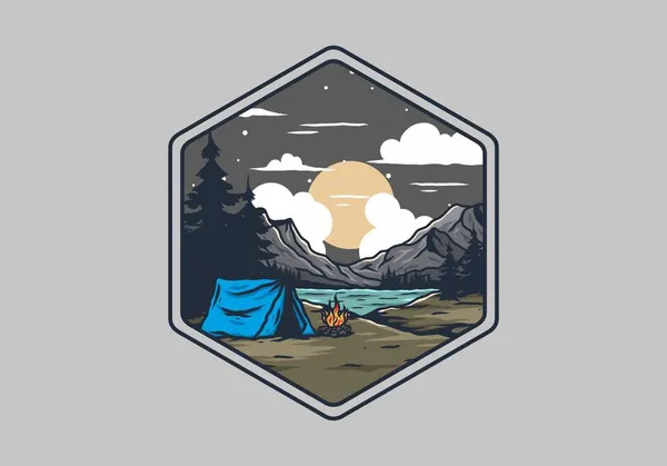Camping Met Een Kampvuur Bij Het Meer Illustratie Ontwerp — Stockvector