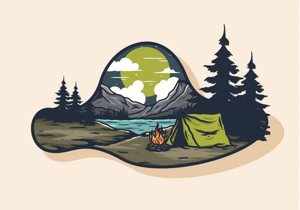 Camping Avec Feu Joie Bord Lac Illustration Design — Image vectorielle