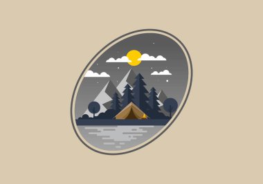 Dağ kamp tasarımının renkli düz çizimi