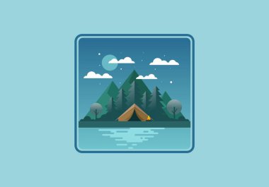 Dağ kamp tasarımının renkli düz çizimi