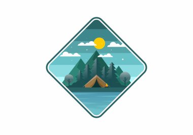 Dağ kamp tasarımının renkli düz çizimi