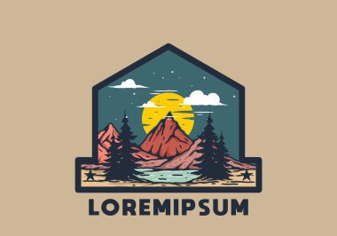 Açık hava dağ gölü illüstrasyon rozeti tasarımı