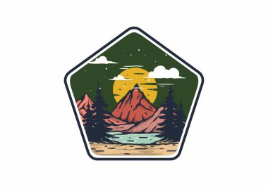 Açık hava dağ gölü illüstrasyon rozeti tasarımı