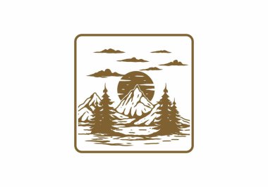 Açık hava dağ gölü illüstrasyon rozeti tasarımı