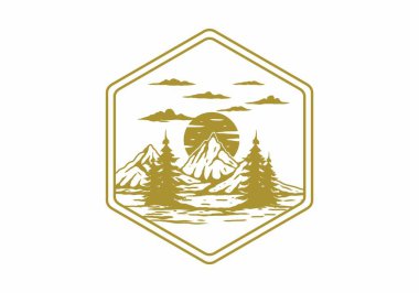 Açık hava dağ gölü illüstrasyon rozeti tasarımı