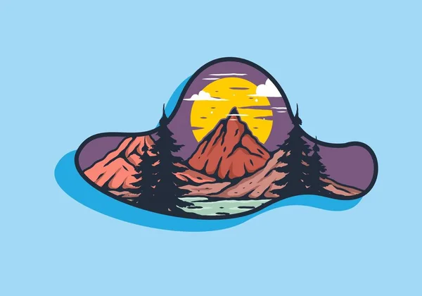 Outdoor Berg Meer Illustratie Badge Ontwerp — Stockvector
