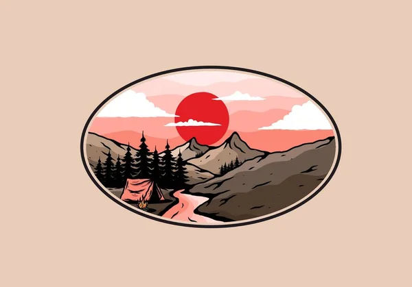 Camping Junto Río Plano Diseño Ilustración — Vector de stock