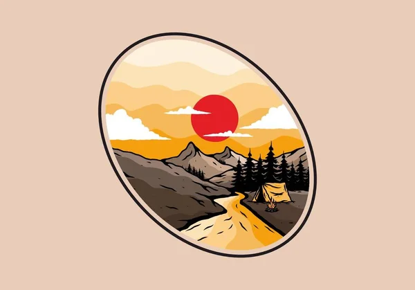 Camping Bord Rivière Illustration Plate Design — Image vectorielle