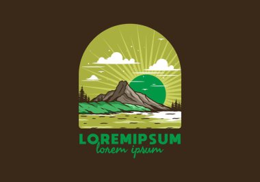 Dağ illüstrasyon tasarımının arkasında gün doğumu