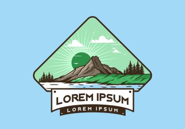 Dağ illüstrasyon tasarımının arkasında gün doğumu