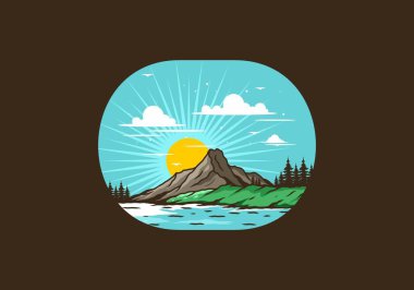Dağ illüstrasyon tasarımının arkasında gün doğumu