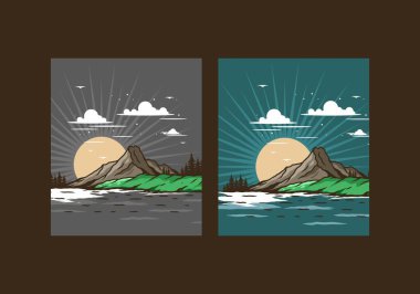 Dağ illüstrasyon tasarımının arkasında gün doğumu