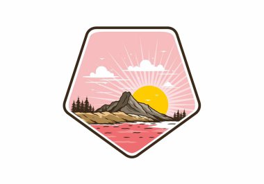 Dağ illüstrasyon tasarımının arkasında gün doğumu