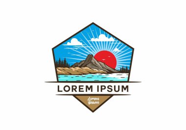 Dağ illüstrasyon tasarımının arkasında gün doğumu