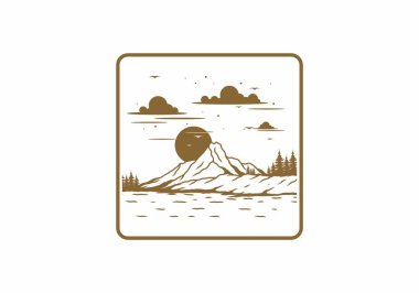 Dağ illüstrasyon tasarımının arkasında gün doğumu