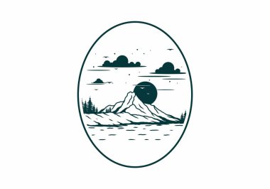 Dağ illüstrasyon tasarımının arkasında gün doğumu