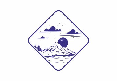 Dağ illüstrasyon tasarımının arkasında gün doğumu