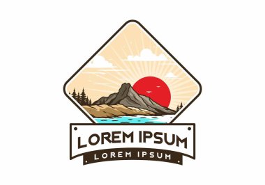 Dağ illüstrasyon tasarımının arkasında gün doğumu