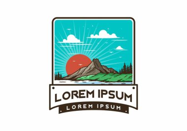Dağ illüstrasyon tasarımının arkasında gün doğumu