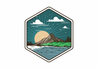 Dağ illüstrasyon tasarımının arkasında gün doğumu