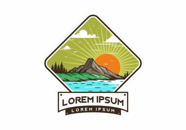 Dağ illüstrasyon tasarımının arkasında gün doğumu