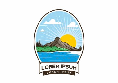 Dağ illüstrasyon tasarımının arkasında gün doğumu