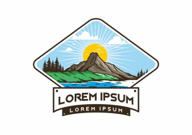 Dağ illüstrasyon tasarımının arkasında gün doğumu